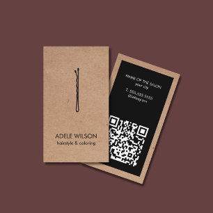 Carte De Visite Salon moderne Kraft Black QR Code Hair Pin Salon