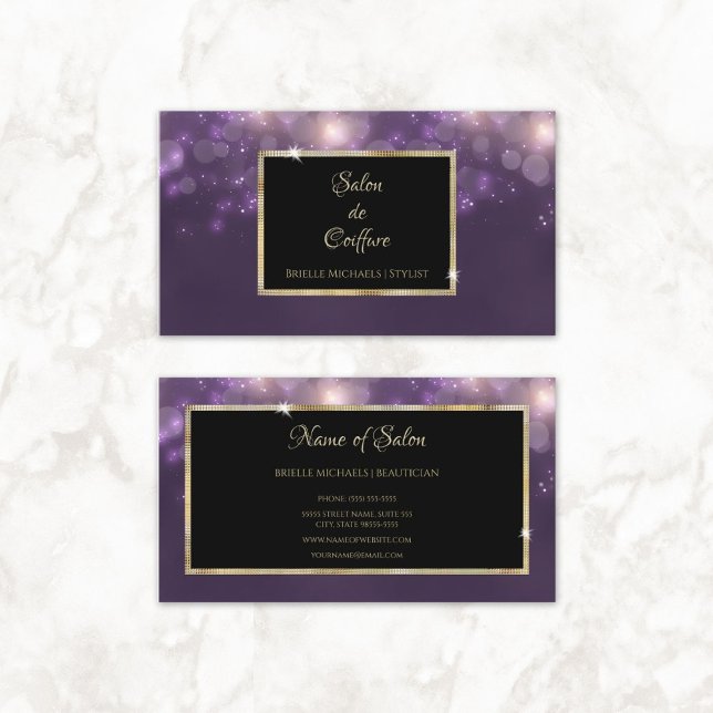 Carte De Visite Salon Paillettes Violettes (Elegant Purple Bokeh Salon Black and Gold Frame Business Cards)