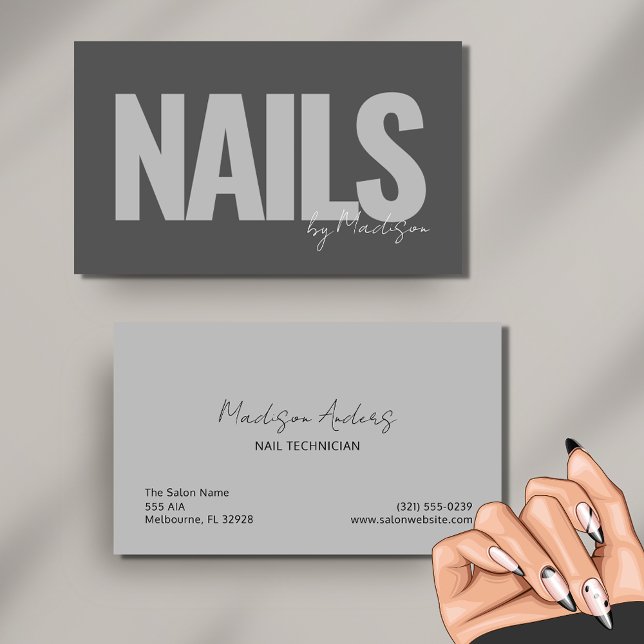Carte De Visite Salon professionnel Nail Tech Typographie gris (Nail Tech Professional Salon Gray Typography Business Card)