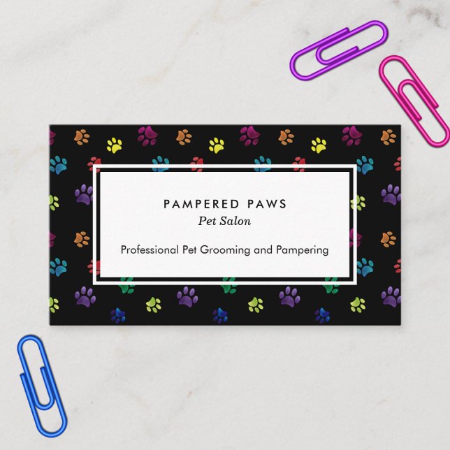 Carte De Visite Salon professionnel pour animaux de compagnie Empr (Colorful Foil Paw Prints Professional Pet Salon Business Card)