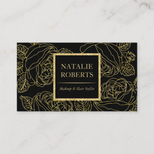 Carte De Visite Salon & Spa Moderne Black & Gold Floral Line Art