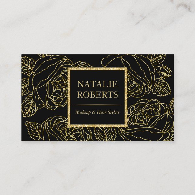 Carte De Visite Salon & Spa Moderne Black & Gold Floral Line Art (Devant)