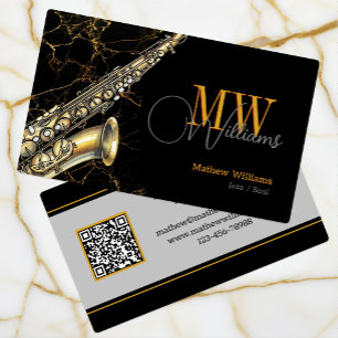 Carte De Visite Saxophone d'or Jazz, Code noir et QR, Monogramme