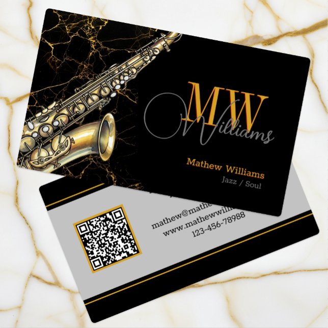 Carte De Visite Saxophone d'or Jazz, Code noir et QR, Monogramme (Saxophone, Monogrammed, Musician Business Card)