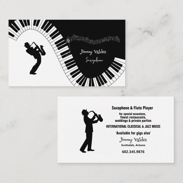 Carte De Visite Saxophone Player Music Notes Piano Keys (Devant / Derrière)