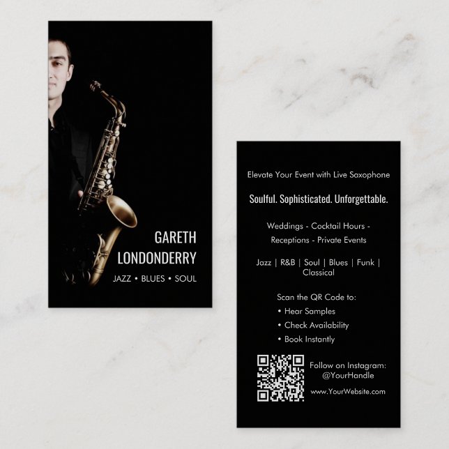 Carte De Visite Saxophoniste professionnel moderne photo (Modern Professional Saxophonist Musician Photo Business Card)