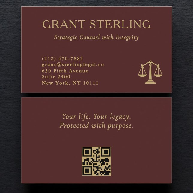 Carte De Visite Scales of Justice Burgundy Gold Legal QR Code  (Créateur téléchargé)
