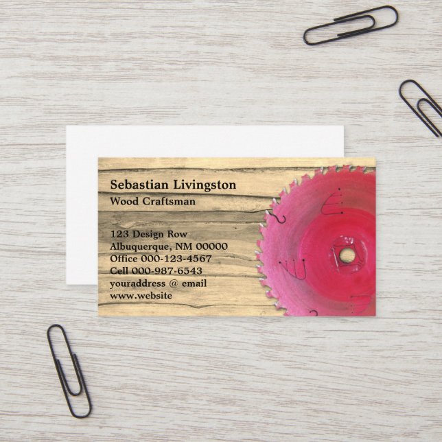 Carte De Visite Scie Circulaire Rustique Métier de la Menuiserie (Devant/Arrière en situation)