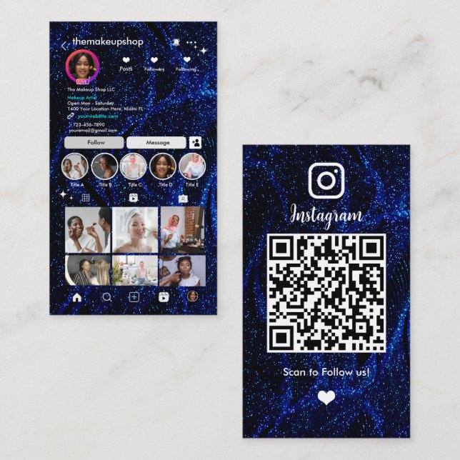 Carte de visite scintillante bleue avec QR code In (Devant / Derrière)