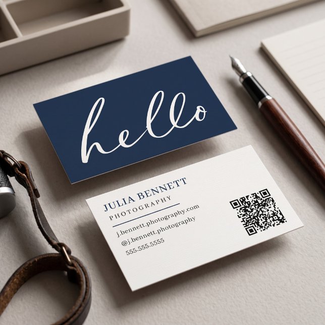 Carte De Visite Script "Bonjour" Moderne (Simulated business cards on table)