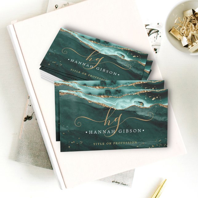 Carte De Visite Script d'agate Turquoise Monogramme Parties scinti (Créateur téléchargé)