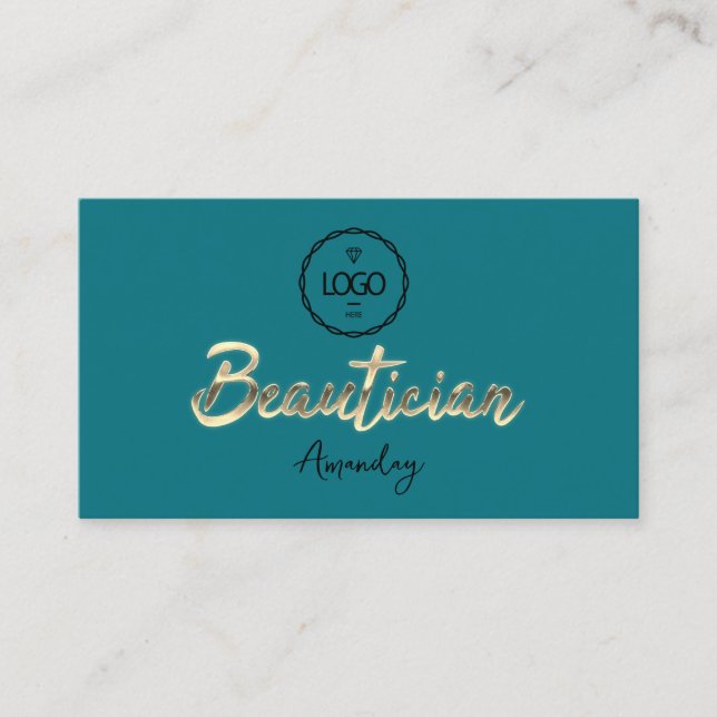 Carte De Visite Script de beauté Gold QRCode Logo Turquoise (Devant)