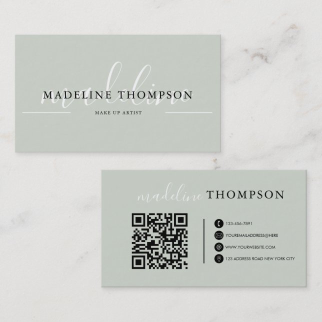 Carte De Visite Script de calligraphie verte Sage Code QR (Devant / Derrière)