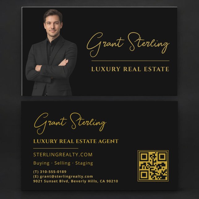 Carte De Visite Script de code QR Black Gold pour l'immobilier de  (Créateur téléchargé)