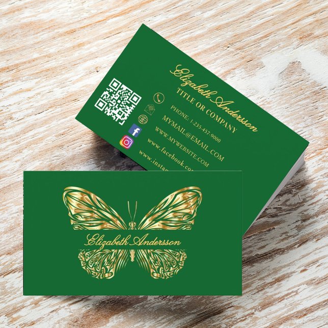 Carte De Visite Script de code QR en or vert papillon (Créateur téléchargé)