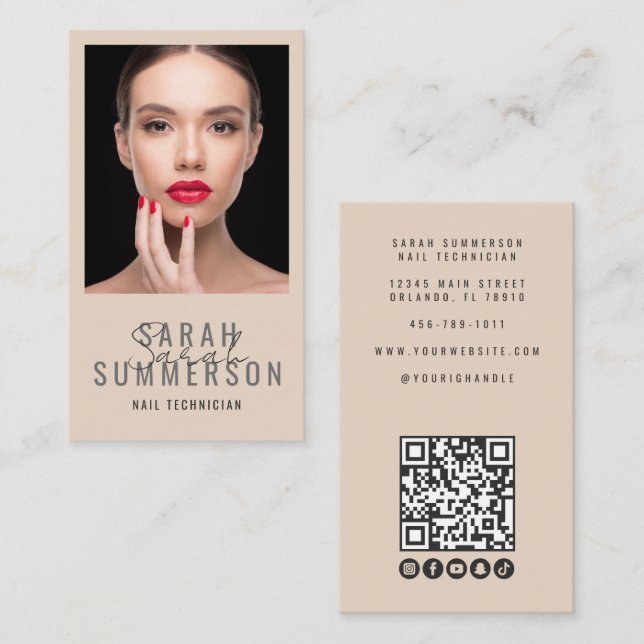 Carte De Visite Script de photo de code QR de salon de manucure be (Devant / Derrière)