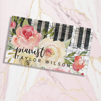 Carte De Visite script de pianiste floral aquarelle