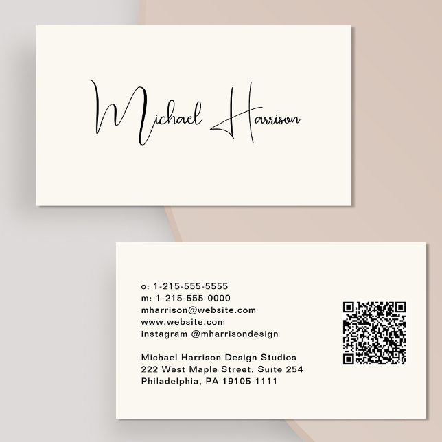Carte De Visite Script de signature moderne QR Code Creme professi (Créateur téléchargé)