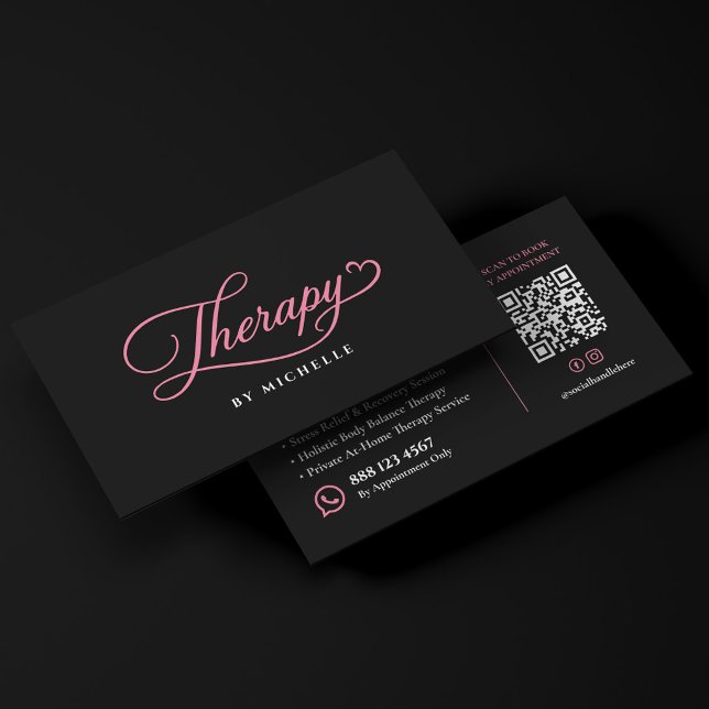 Carte De Visite Script de thérapeute élégant rose noir (Elegant Therapist Script Pink Black Business Card
)