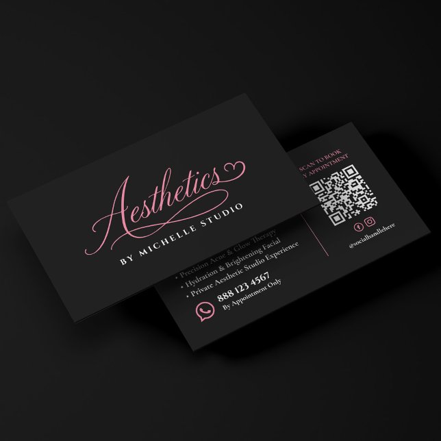 Carte De Visite Script d'esthétique élégante Noir Rose Esthéticien (Elegant Aesthetics Script Black Pink Esthetician Business Card
)
