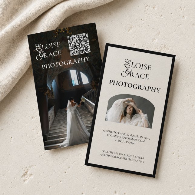 Carte De Visite Script Éditorial Code Qr et Photo Professionnel (Editorial Script Qr Code and Photo Professional Business Card)