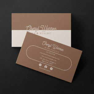 Carte De Visite Script Élégant de Coiffeur Marron & Beige Minimal