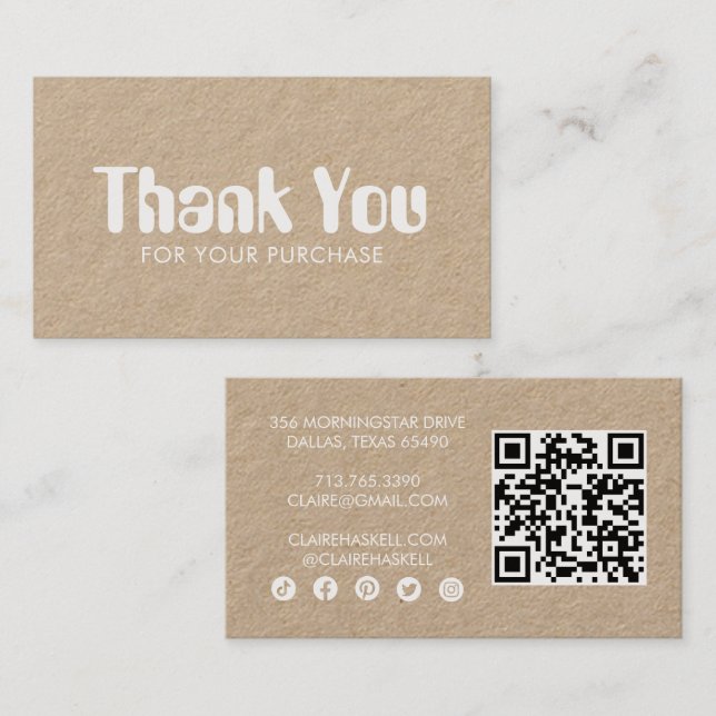 Carte De Visite Script funky Chic Kraft Order Merci QR minimal (Devant / Derrière)
