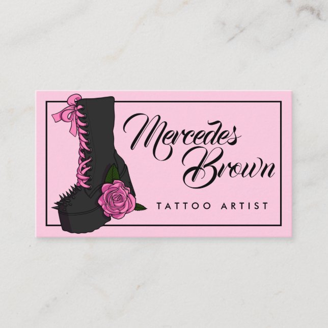 Carte De Visite Script gothique Boot Pink Tattoo Artiste (Devant)
