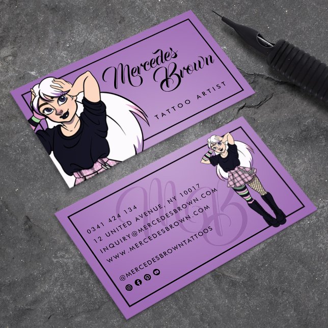 Carte De Visite Script gothique Cartoon Girl Purple Tattoo Artiste (Gothic Script Cartoon Girl Purple Tattoo Artist Business Card)