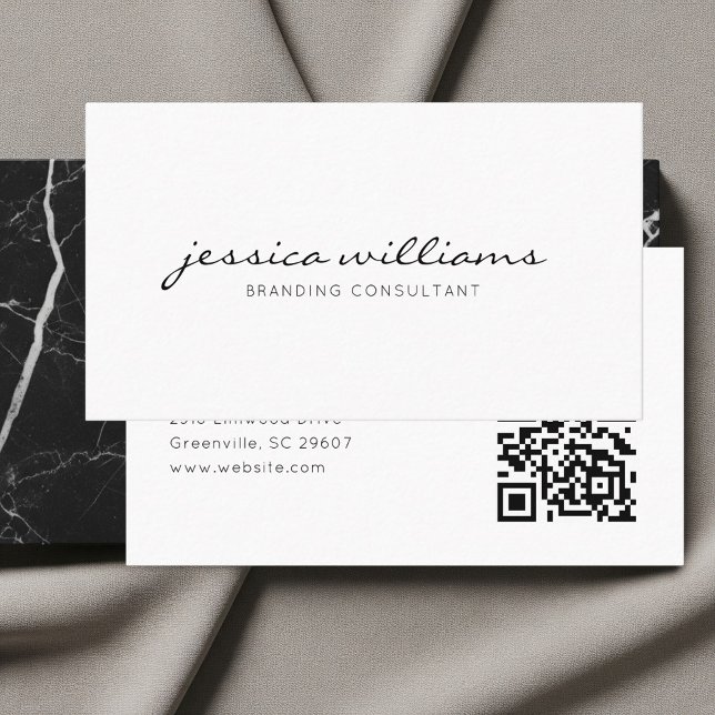 Carte De Visite Script Handwritten White Minimalist QR Code (Créateur téléchargé)