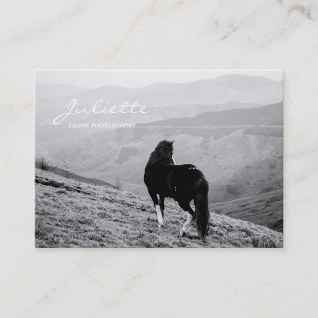 Carte De Visite Script moderne Black White Horse Equine Photograph (Devant)