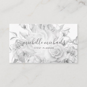 Carte De Visite Script moderne floral simple noir et blanc