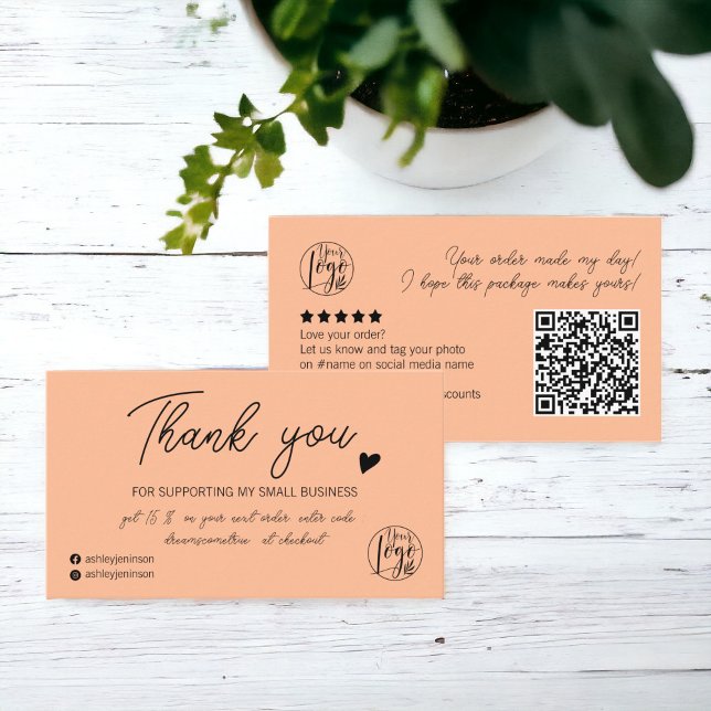 Carte De Visite Script moderne noir peach commande logo merci qr (Modern script black peach order logo thank you qr business card)
