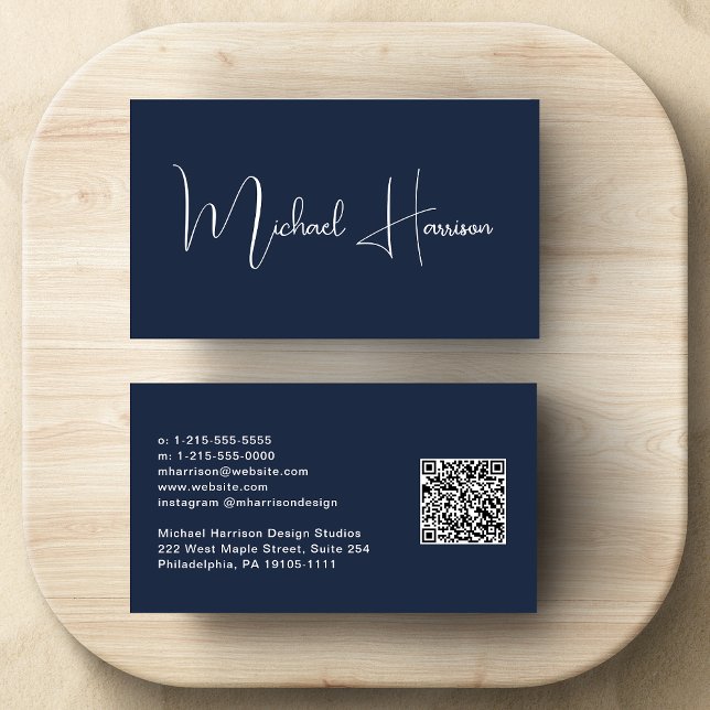Carte De Visite Script moderne professionnel QR Code Bleu (Empower your name in our signature script as your logo and brand identity)