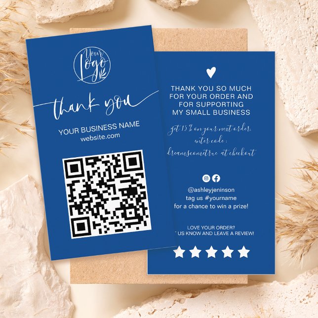 Carte De Visite Script moderne QR code bleu ordre merci (Modern script QR code blue order thank you Business Card)