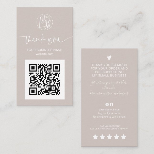 Carte De Visite Script moderne QR code crème ordre merci (Devant / Derrière)
