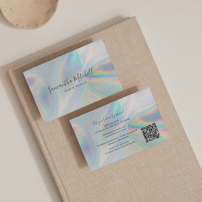 Carte De Visite Script moderne QR Code Holographique Salon de beau (Créateur téléchargé)