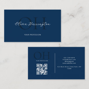 Carte De Visite Script moderne QR Code Marine Blue Monogramme