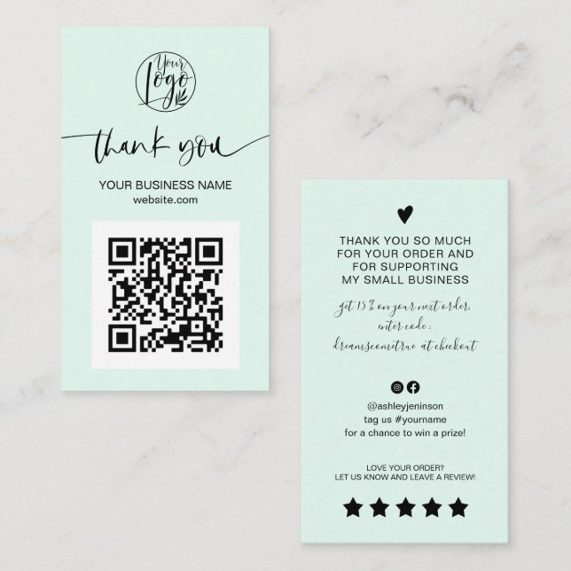 Carte De Visite Script moderne QR code ment vert ordre merci (Devant / Derrière)