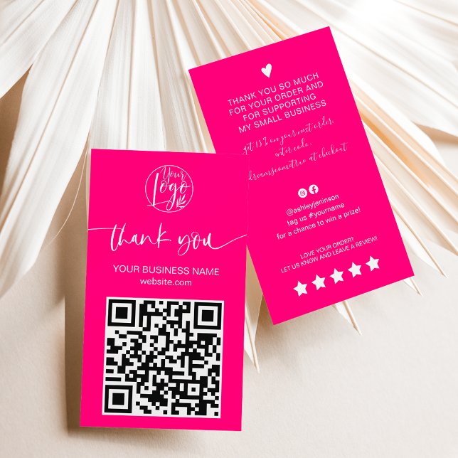 Carte De Visite Script moderne QR code neon rose ordre merci (Modern script QR code neon pink order thank you Business Card)