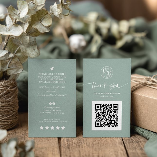 Carte De Visite Script moderne QR code sage vert ordre merci (Modern script QR code sage green order thank you Business Card)