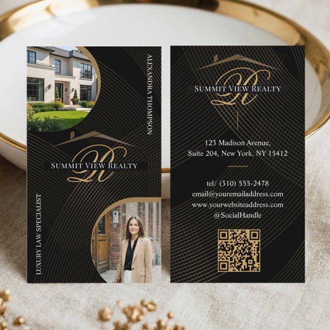 Carte De Visite Script Monogramme Or Noir Photo d'Agent Immobilier (Black Gold Script Monogram Real Estate Agent Photo Business Card)