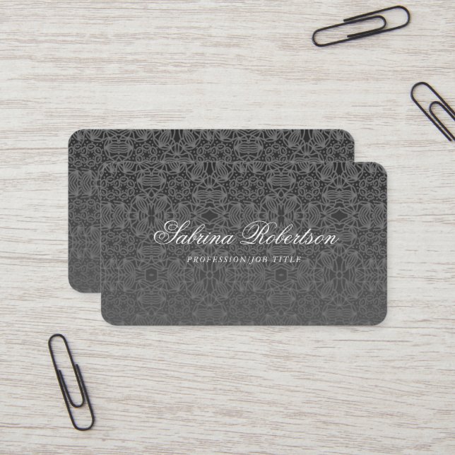 Carte De Visite Script Motif ornemental en argent Black Faux (Devant/Arrière en situation)