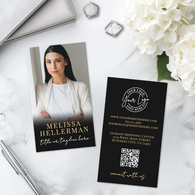 Carte De Visite Script Or Luxueux Photo Noir (Black Gold Script Luxury Photo Business Card)