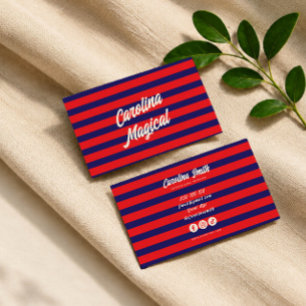 Carte de visite script rayée rouge bleu tendance