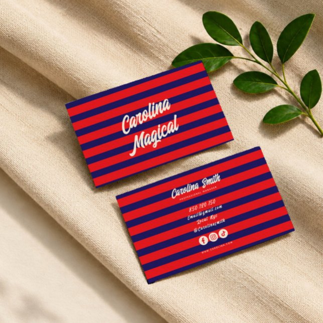 Carte de visite script rayée rouge bleu tendance (Créateur téléchargé)