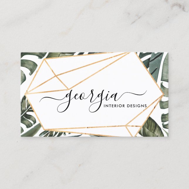Carte De Visite Script Signature Aquarelle Tropical Végétalie Or (Devant)