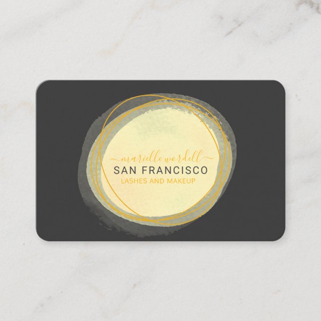 Carte De Visite Script Sun Gold Aquarelle Cercle noir (Devant)