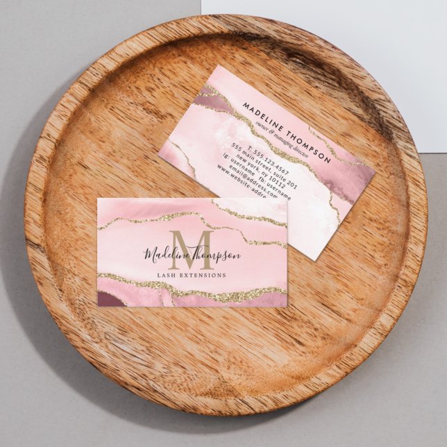 Carte De Visite Script tendance Blush Rose Agate Geode Gold Monogr (Créateur téléchargé)
