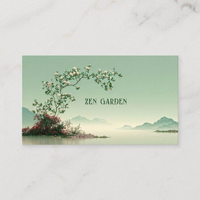Carte De Visite Serene White Rose Bloom Misty Mountain Lake Zen (Devant)